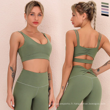 Vêtements actifs premium découpés arrière de haute qualité ensemble de yoga mignon humide mèche double sangle pour femmes usure